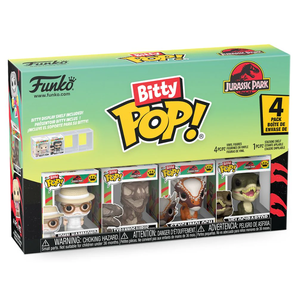 Jurassic Park - John Hammond, Tyrannosaurus Fossil, Stygimoloch & Velociraptor Bitty Pop! Vinyl 4 Pack - Image 2